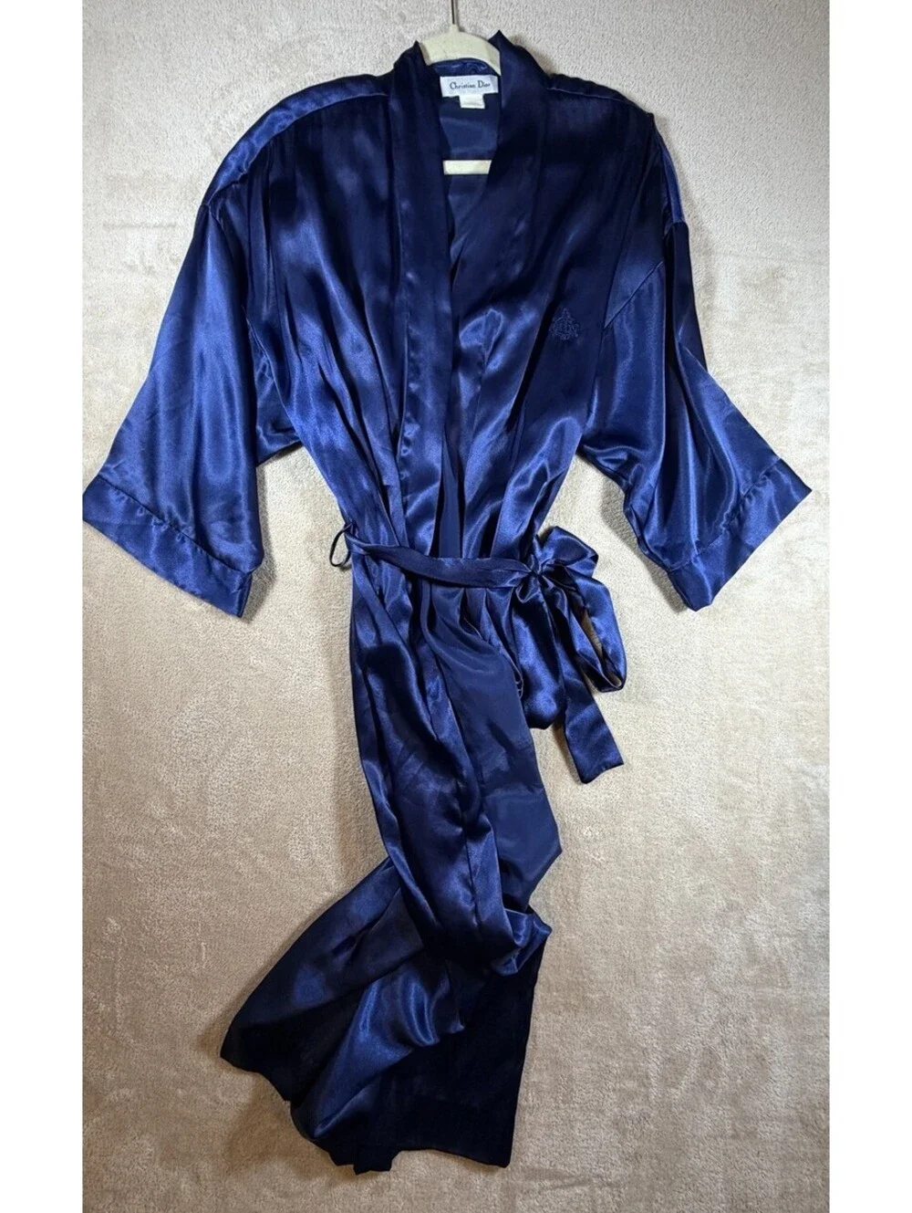 Christian Dior Robe Small Vintage Blue Satin Embroidered Logo Belted Luxury